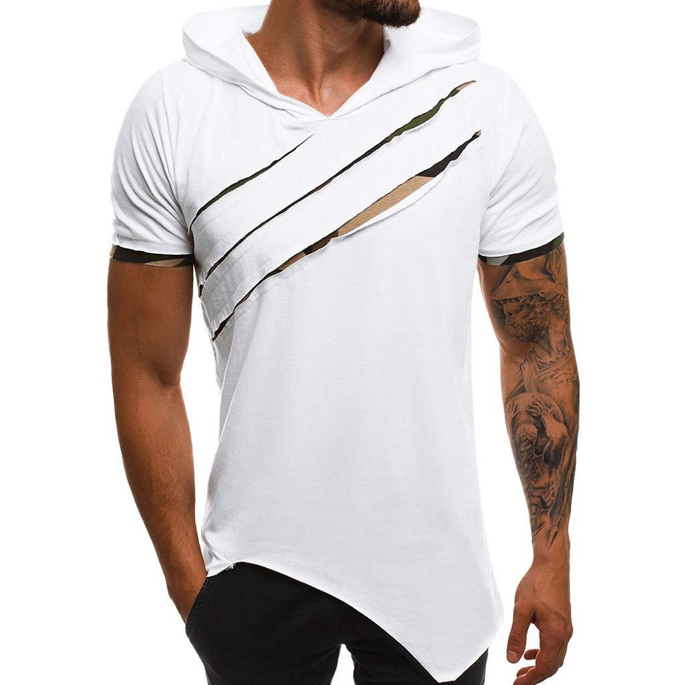 Mens Workout Tops with Hood Short Sleeve Gym Hip Hop Casual T-Shirt Lightweight Relaxed Stylish Muscle Athletic Streetwear Tees White