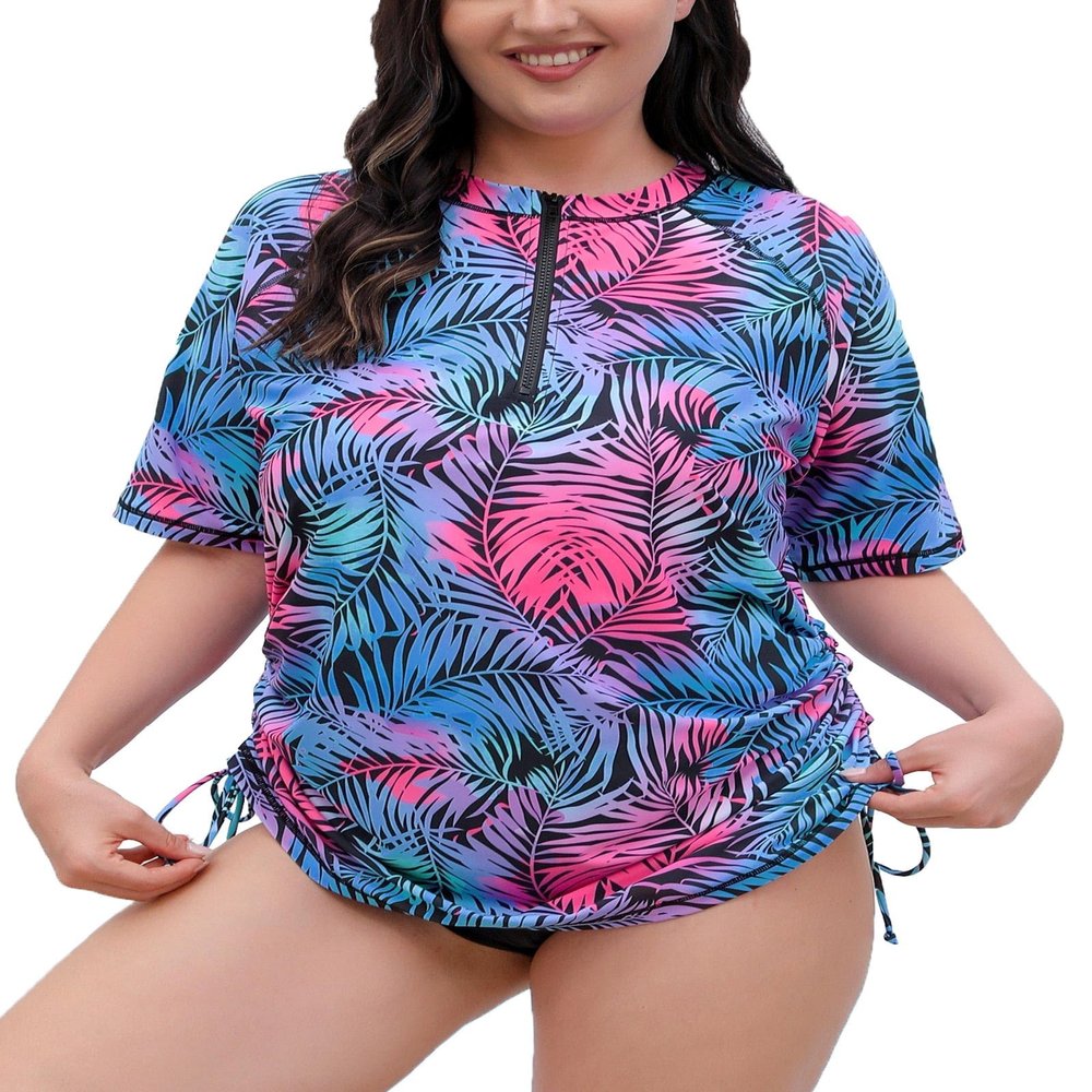 Halcurt Women's Plus Size Rash Guard Short Sleeve Swim Shirts with Tie Drawstring Half Zip UPF50+ Swimsuit Top Tropical Leafs 2X
