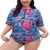 Halcurt Women's Plus Size Rash Guard Short Sleeve Swim Shirts with Tie Drawstring Half Zip UPF50+ Swimsuit Top Tropical Leafs 2X view 1