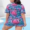 Halcurt Women's Plus Size Rash Guard Short Sleeve Swim Shirts with Tie Drawstring Half Zip UPF50+ Swimsuit Top Tropical Leafs 2X view 2