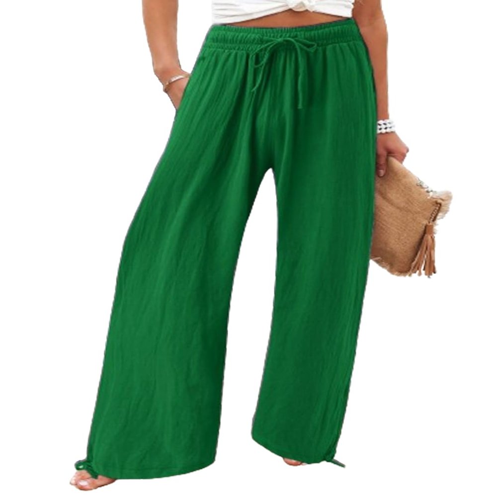 Green Casual Loose Fit Drawstring Long Pants for Womens Green Plus Size High Waisted Palazzo Pants Green Flowy Wide Leg Linen Pants High Waist Wide Leg Trousers