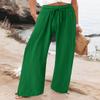 Green Casual Loose Fit Drawstring Long Pants for Womens Green Plus Size High Waisted Palazzo Pants Green Flowy Wide Leg Linen Pants High Waist Wide Leg Trousers view 2