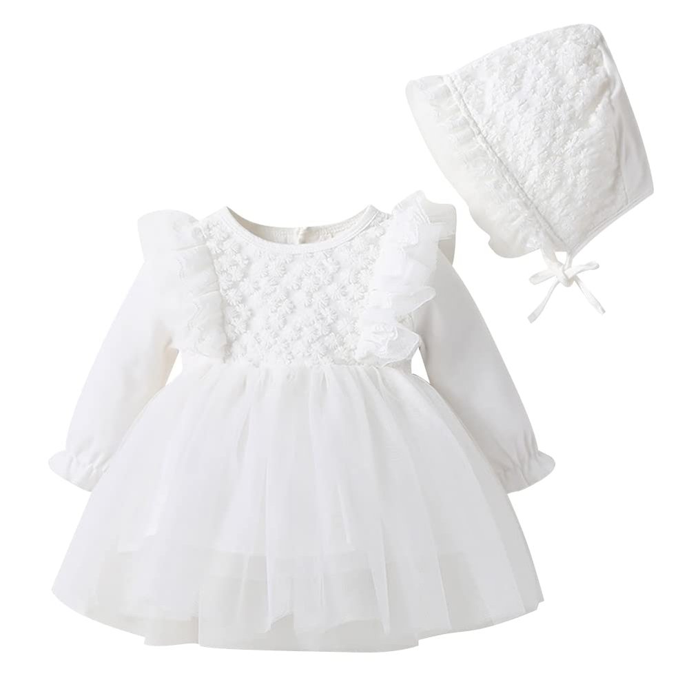AFAVOM Infant Baby Girls Baptism Dress First Birthday Party Dress Toddler Flower Embroidered Lace Tulle Tutu Dress Princess Formal Pageant Photo Shoot Communion Outift White-Ruffle 6-9 Months
