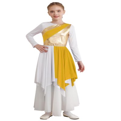 CHICTRY Girls Liturgical Worship Praise Dance Dress Gold Color Block Irregular Hem Lyrical Dance Performance Costume A1 Yellow 14 Years