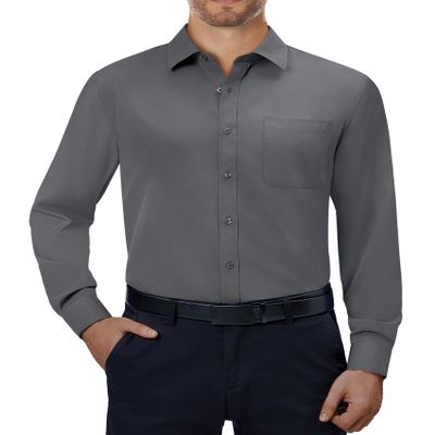 Alimens & Gentle Mens Dress Shirts 4-Way Stretch Long Sleeve Collared Casual Solid Wedding Dating Button Down Shirt Dark Grey