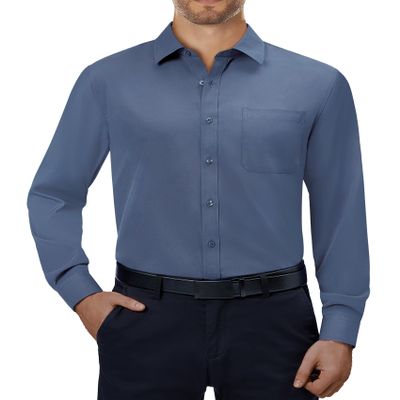 Alimens & Gentle Mens Dress Shirts 4-Way Stretch Long Sleeve Collared Casual Solid Wedding Dating Button Down Shirt Dusty Blue