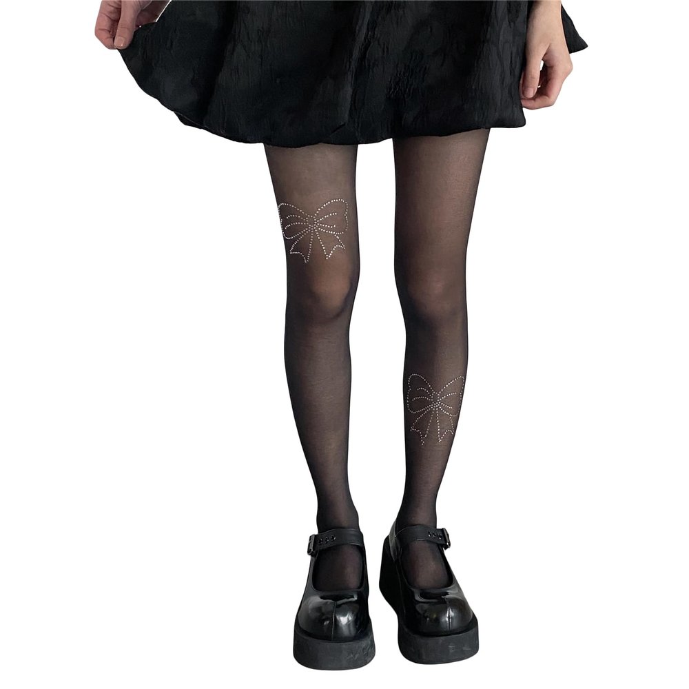 FOMOYUU Women's Heart Printed Tights Multicolor Semi Sheer High Waist Stockings Pantyhose Elastic Render Pants (Black Bow C, One Size)