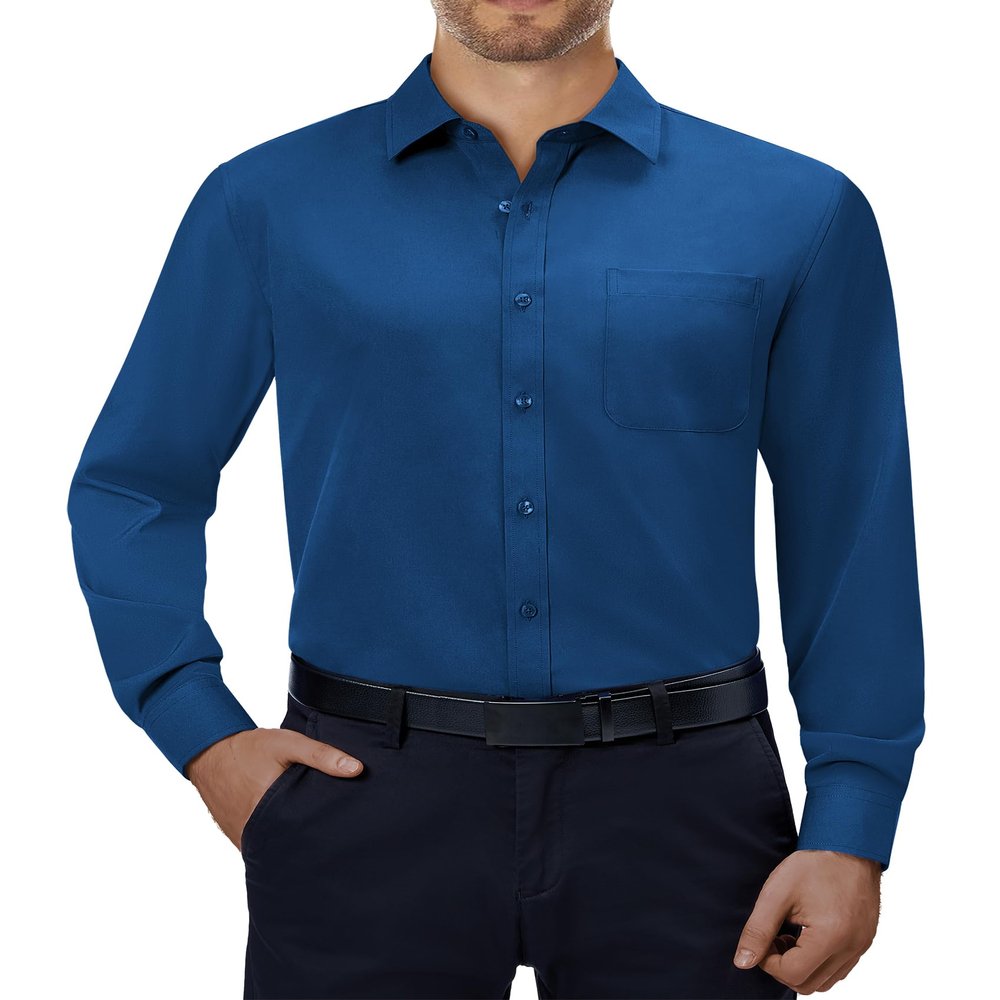 Alimens & Gentle Mens Dress Shirts 4-Way Stretch Long Sleeve Collared Casual Solid Wedding Dating Button Down Shirt Dark Blue