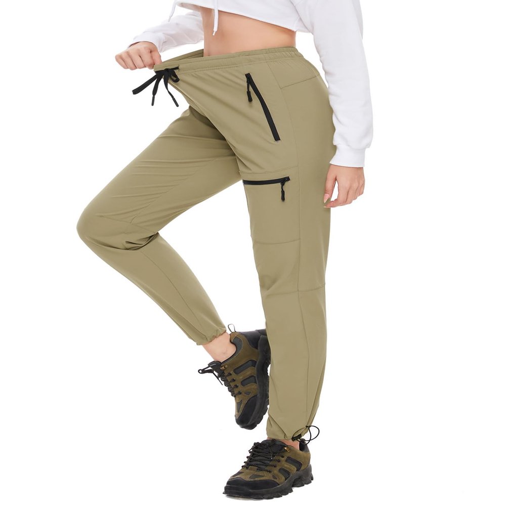 SEVEGO Womens Hiking Pants Tall Inseam 34" Athletic Cargo Pants Lightweight 4 Zipper Pockets Water Resistant Elastic Waist, Khaki, XXL
