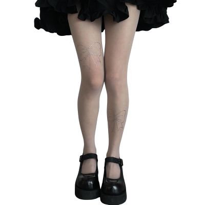 FOMOYUU Women's Heart Printed Tights Multicolor Semi Sheer High Waist Stockings Pantyhose Elastic Render Pants (White Bow C, One Size)