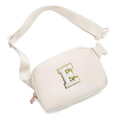 Gitus Birthday Gifts for 8 9 10 11 12 13 Year Old Girls Personalized Fanny Pack Crossbody Bags with Initial Letter Patch Belt Bag for Teen Girls Cute Trendy Stuff Travel Essentials (Ivory-E)