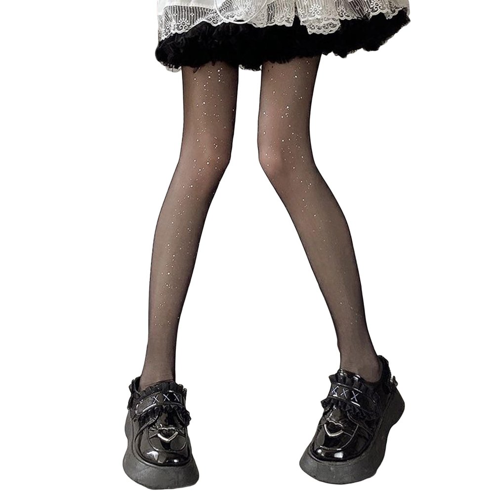 FOMOYUU Women's Heart Printed Tights Multicolor Semi Sheer High Waist Stockings Pantyhose Elastic Render Pants (Black Sequin C, One Size)