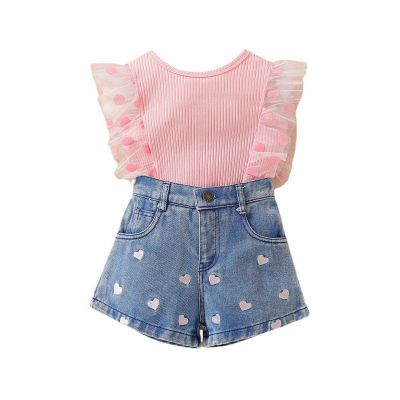 Children's Clothing Summer Girls Suit Foreign Girl New Mesh Lace Top Embroidered Denim Shorts Girl (Pink, 5-6 Years)