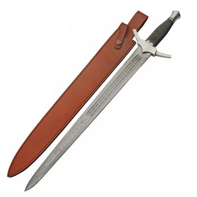 SANZ 25" Short Sword Medieval Style Collectible Sword with Hand-Forged Damascus Steel Blade, Wire-Wrapped Handle, Steel Guard & Leather Sheath for Display, Reenactment & Cosplay Sword