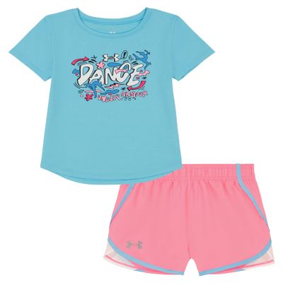 Under Armour Baby Girls' 2-piece Short Sleeve Tee and Shorts Set, Lightweight and Comfortable, Sky Dance Blue, 3/6M