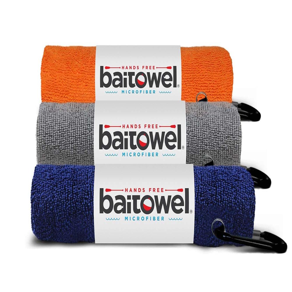 Bait Towel 3 Pack Fishing Towels with Clip, Plush Microfiber nap Fabric, 16x16, The Original Bait Towel Value 3 Pack (Orange-Silver-NAY)