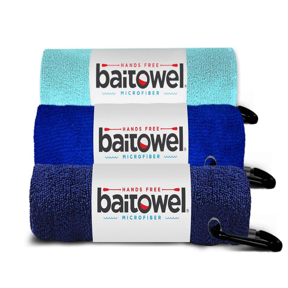 Bait Towel 3 Pack Fishing Towels with Clip, Plush Microfiber nap Fabric, 16x16, The Original Bait Towel Value 3 Pack (Royal-Navy-Caribbean)