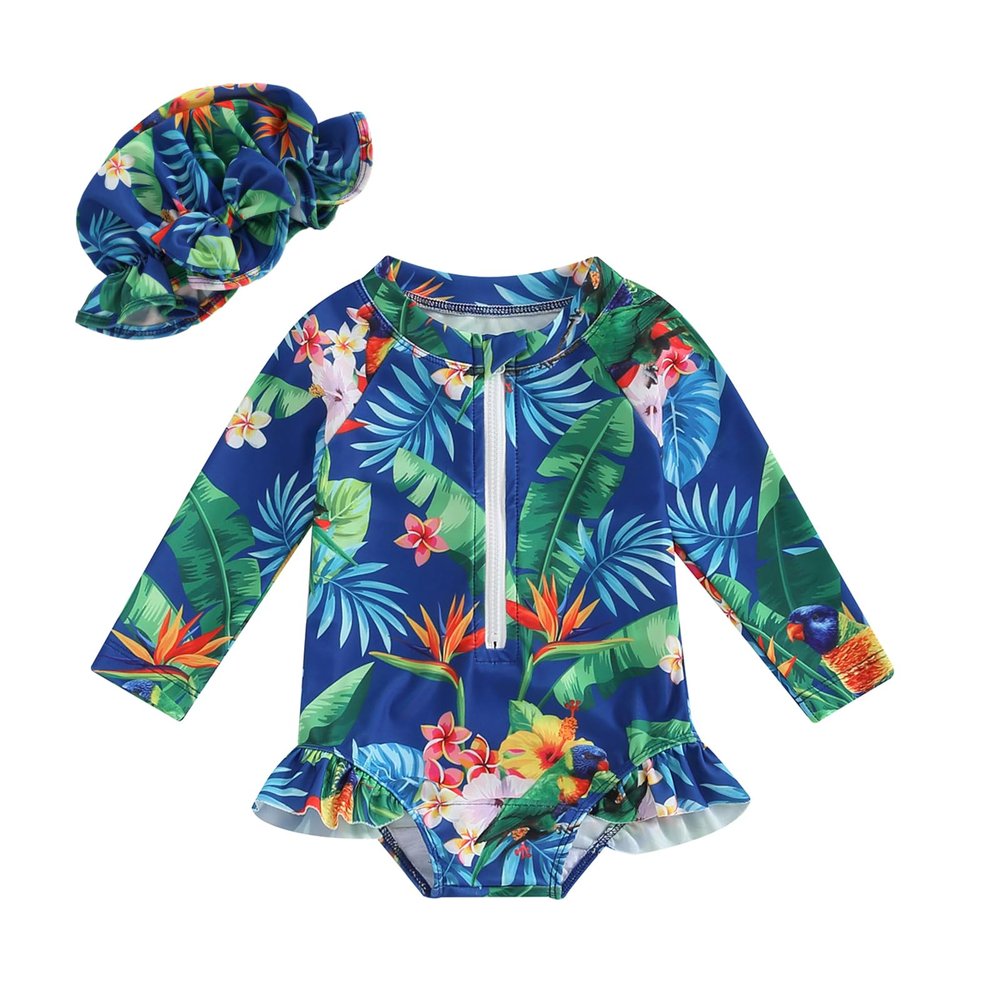 MERSARIPHY Baby Girl One-Piece Swimsuit Rash Guard Toddler Infant Zipper Long Sleeve Swimwear+Hat Bathing Suit Swimwear (Blue Leaves B, 12-18 Months)