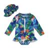 MERSARIPHY Baby Girl One-Piece Swimsuit Rash Guard Toddler Infant Zipper Long Sleeve Swimwear+Hat Bathing Suit Swimwear (Blue Leaves B, 12-18 Months) view 1