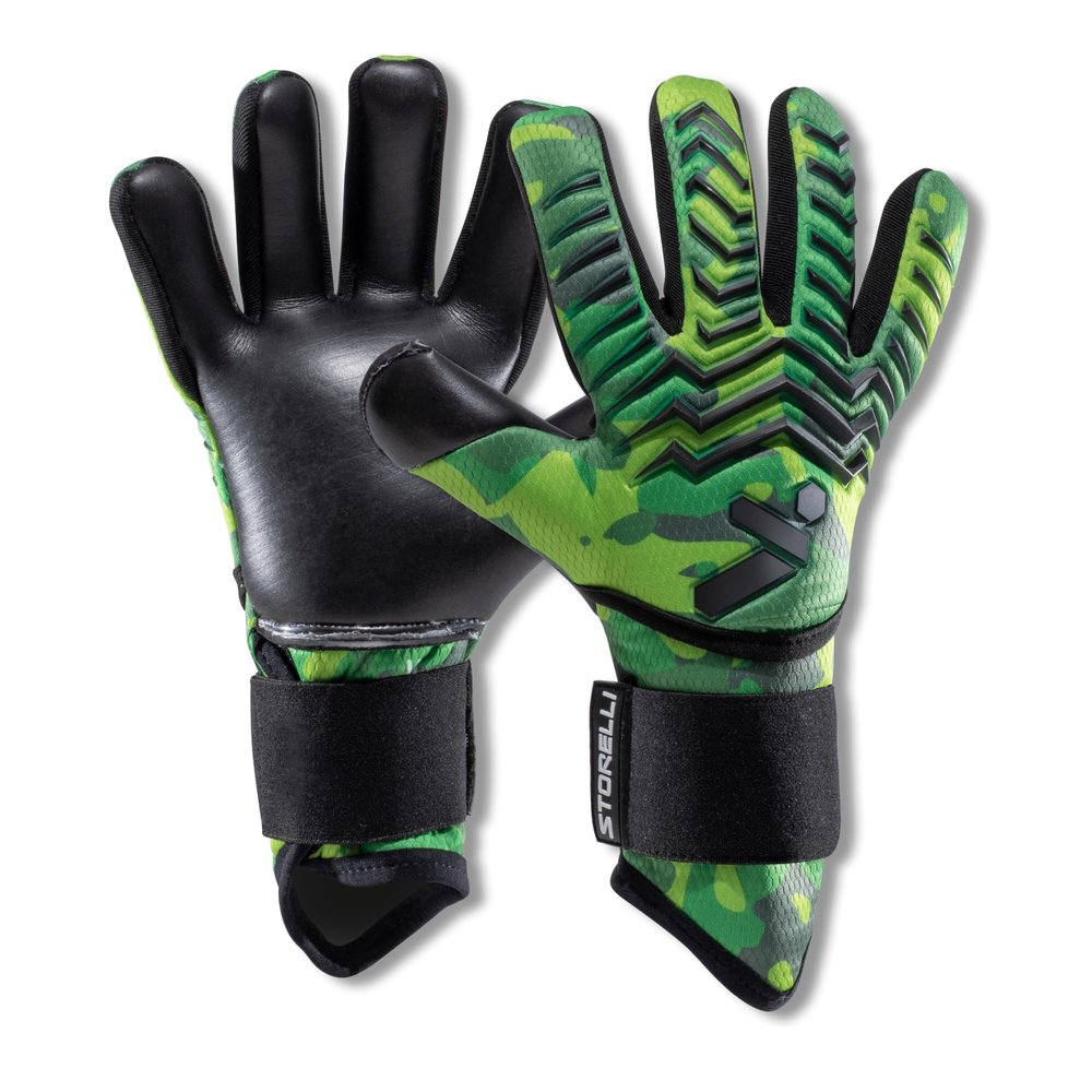 Storelli Electric Goalkeeper Gloves, High-Impact Hand Protection with 5 Removable Finger Spines, German Contact Latex, Wrist Strap, Extended Cuff, Youth & Adults, Unisex, 1 Pair, Green Camo, Size 10