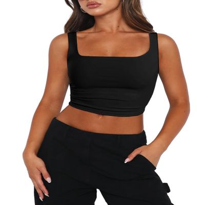 Zeagoo Women's Square Neck Sleeveless Double Layer Going Out Crop Tank Tops Black