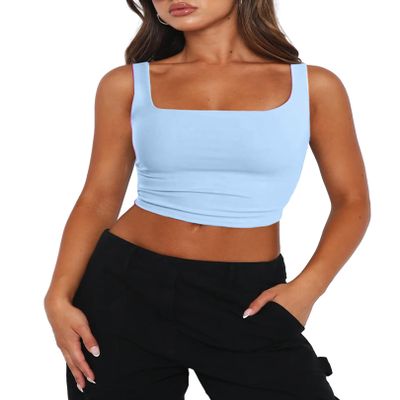 Zeagoo Workout Tank Tops for Women Sexy Square Neck Double Layer Casual Sleeveless Crop Tank Top Light Blue