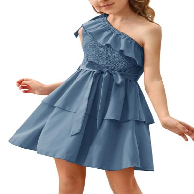 Danna Belle Ruffle Dress for Girls Haze Blue One Shoulder Girl Dress Summer Layered Skater Dresses Size 6