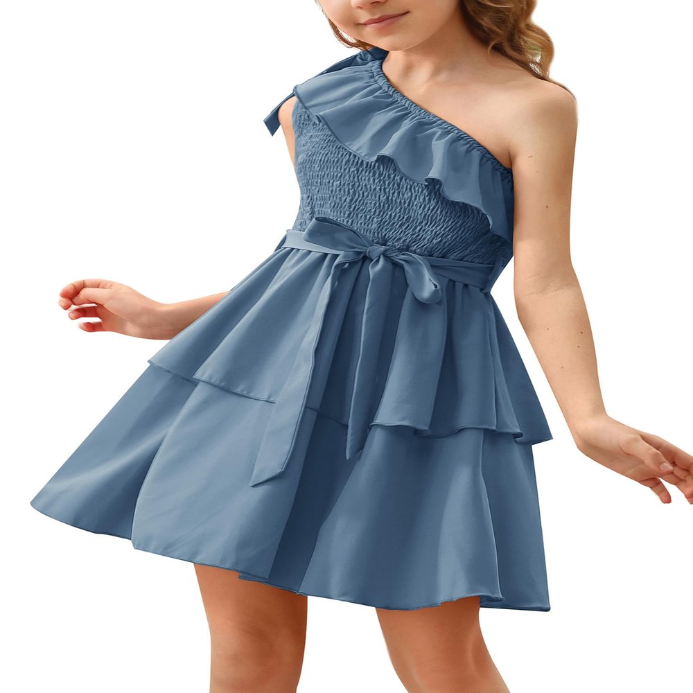 Danna Belle Ruffle Dress for Girls Haze Blue One Shoulder Girl Dress Summer Layered Skater Dresses Size 6