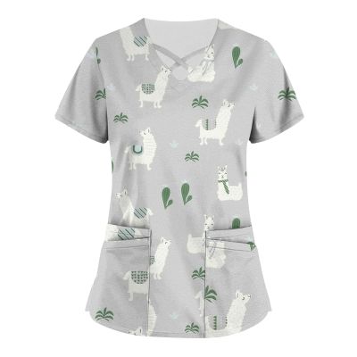 Black Scrub Tops for Women Valentine's Day Woman Short Sleeve Long Business Fashion Print with Pockets Cotton Comfort Loose Asymmetric Neckline Pink