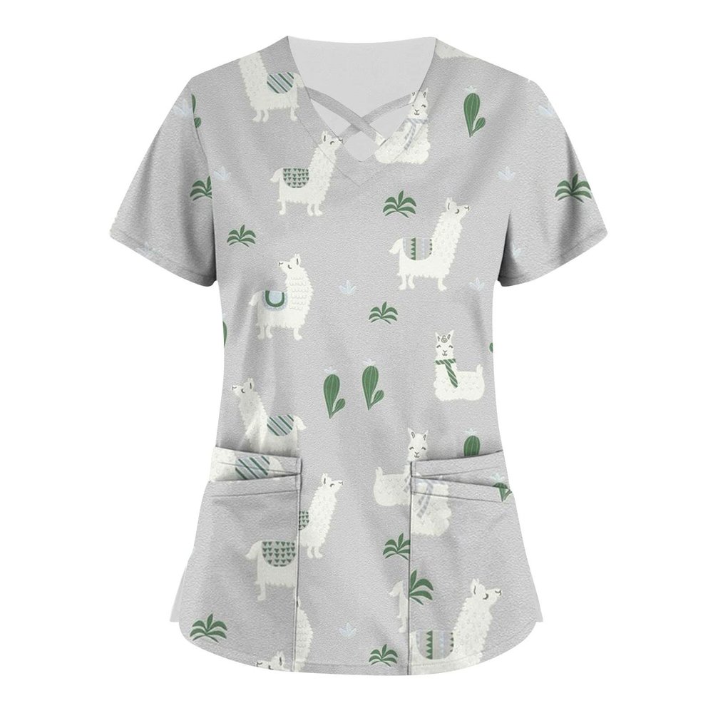 Black Scrub Tops for Women Valentine's Day Woman Short Sleeve Long Business Fashion Print with Pockets Cotton Comfort Loose Asymmetric Neckline Pink