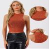 Allegra K Star Mesh Crop Top for Women's Metallic Mock Neck Sleeveless See Through Party Tank Top Large Orange view 2
