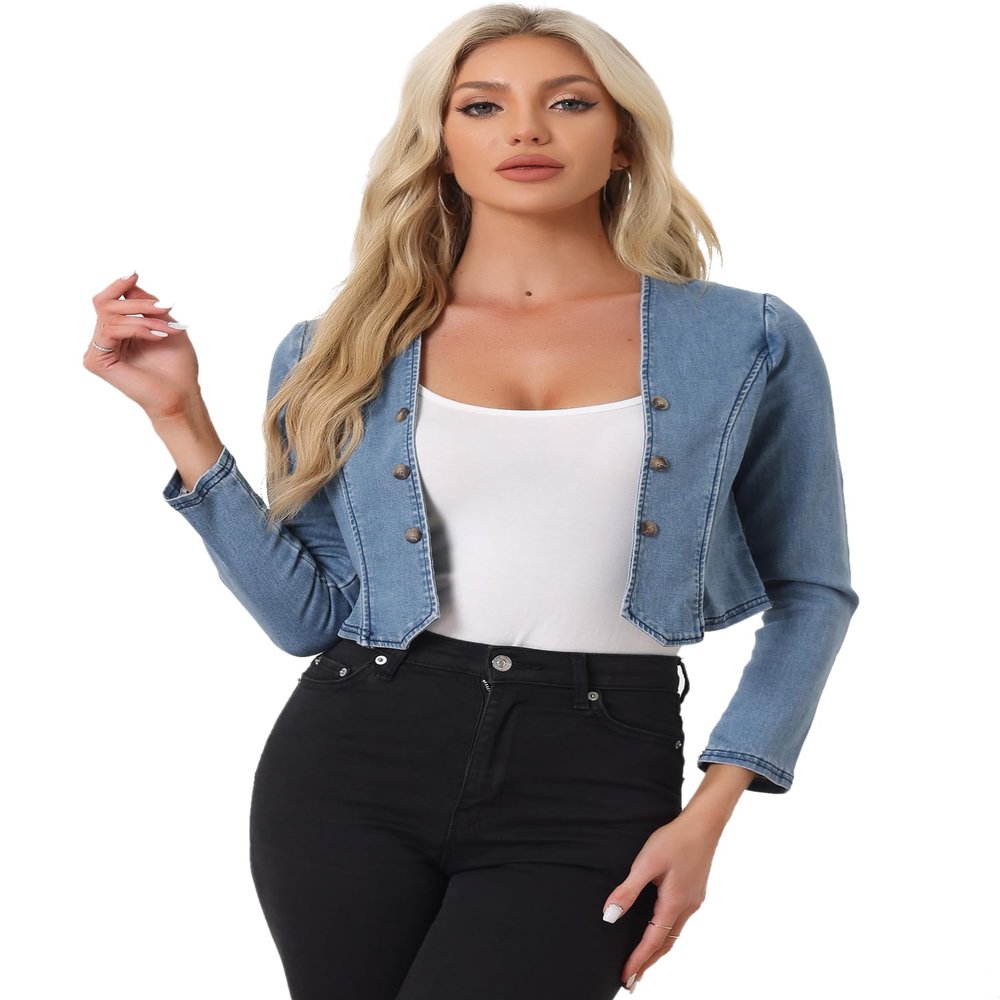 Allegra K Denim Collarless Cropped Jackets for Women's Open Front Jean Cardigan Bolero Shrug X-Large Blue