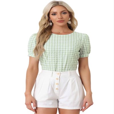 Allegra K Puff Sleeve Gingham Top for Women's Crew Neck Cute Peasant Fitted Checkered Plaid Shirt Small Light Green