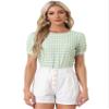 Allegra K Puff Sleeve Gingham Top for Women's Crew Neck Cute Peasant Fitted Checkered Plaid Shirt Small Light Green view 1