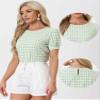 Allegra K Puff Sleeve Gingham Top for Women's Crew Neck Cute Peasant Fitted Checkered Plaid Shirt Small Light Green view 2
