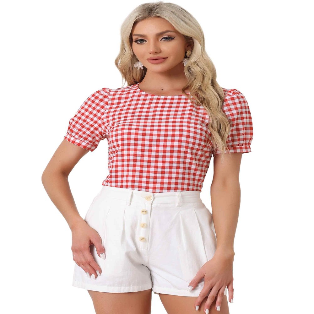 Allegra K Puff Sleeve Gingham Top for Women's Crew Neck Cute Peasant Fitted Checkered Plaid Shirt X-Large Red