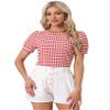 Allegra K Puff Sleeve Gingham Top for Women's Crew Neck Cute Peasant Fitted Checkered Plaid Shirt X-Large Red view 1