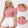 Allegra K Puff Sleeve Gingham Top for Women's Crew Neck Cute Peasant Fitted Checkered Plaid Shirt X-Large Red view 2