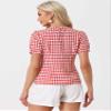 Allegra K Puff Sleeve Gingham Top for Women's Crew Neck Cute Peasant Fitted Checkered Plaid Shirt X-Large Red view 3