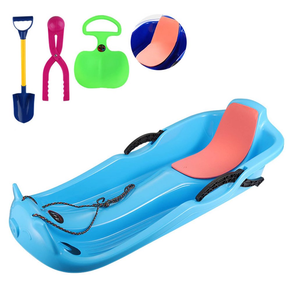 Classic Plastic Snow Sled 1-2 Rider, Flexible Cold-Resistant Toboggan with Pull Rope and Handles, Portable Snowboard Kick-Scooter Sled for Use on Snow, 39.4x17x11.4 inch
