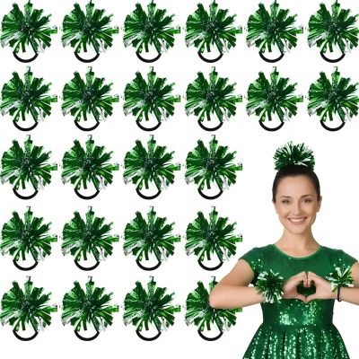 Shappy 24 Pcs 2 Color Mini Pom Poms Hair Ropes for Football Cheerleading 4 Inch Ponytail Holder for Team Spirit Sports Dance Cheer (Green)