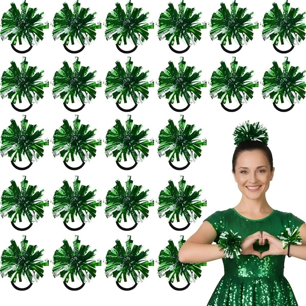 Shappy 24 Pcs 2 Color Mini Pom Poms Hair Ropes for Football Cheerleading 4 Inch Ponytail Holder for Team Spirit Sports Dance Cheer (Green)