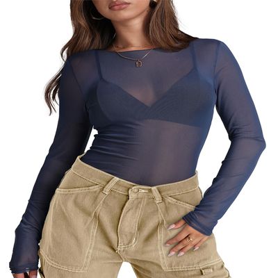WIHOLL Long Sleeve Shirts for Women Round Neck Sheer See Through Trendy Y2K Fishnet Tops Summer Loose Fit Tops Navy S