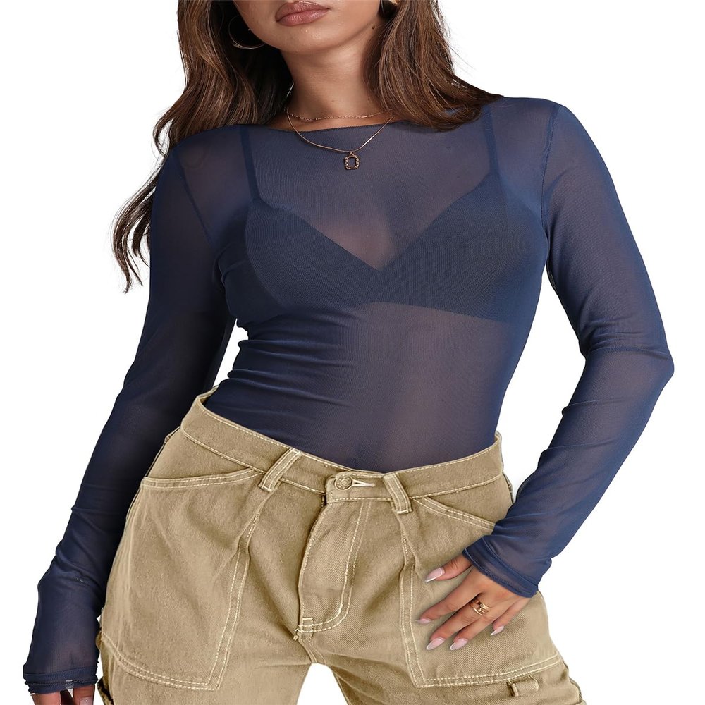 WIHOLL Long Sleeve Shirts for Women Round Neck Sheer See Through Trendy Y2K Fishnet Tops Summer Loose Fit Tops Navy S