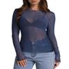 WIHOLL Long Sleeve Shirts for Women Round Neck Sheer See Through Trendy Y2K Fishnet Tops Summer Loose Fit Tops Navy S view 2
