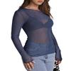 WIHOLL Long Sleeve Shirts for Women Round Neck Sheer See Through Trendy Y2K Fishnet Tops Summer Loose Fit Tops Navy S view 3