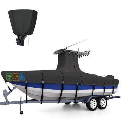 1200D 5-Ply T-Top Boat Cover for 17-19ft Center Console Boats with T Top Roof, Waterproof, Tear & Fade Resistant | Includes Motor Cover + Upgraded 15 Windproof Straps | All-Weather Protection