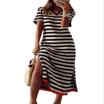 Dokotoo Maxi Dress Casual V Neck Stripe Split Long Summer Dresses for Women 2025 Beach Vacation Clothes for Women Plus Size Dresses Black X Large