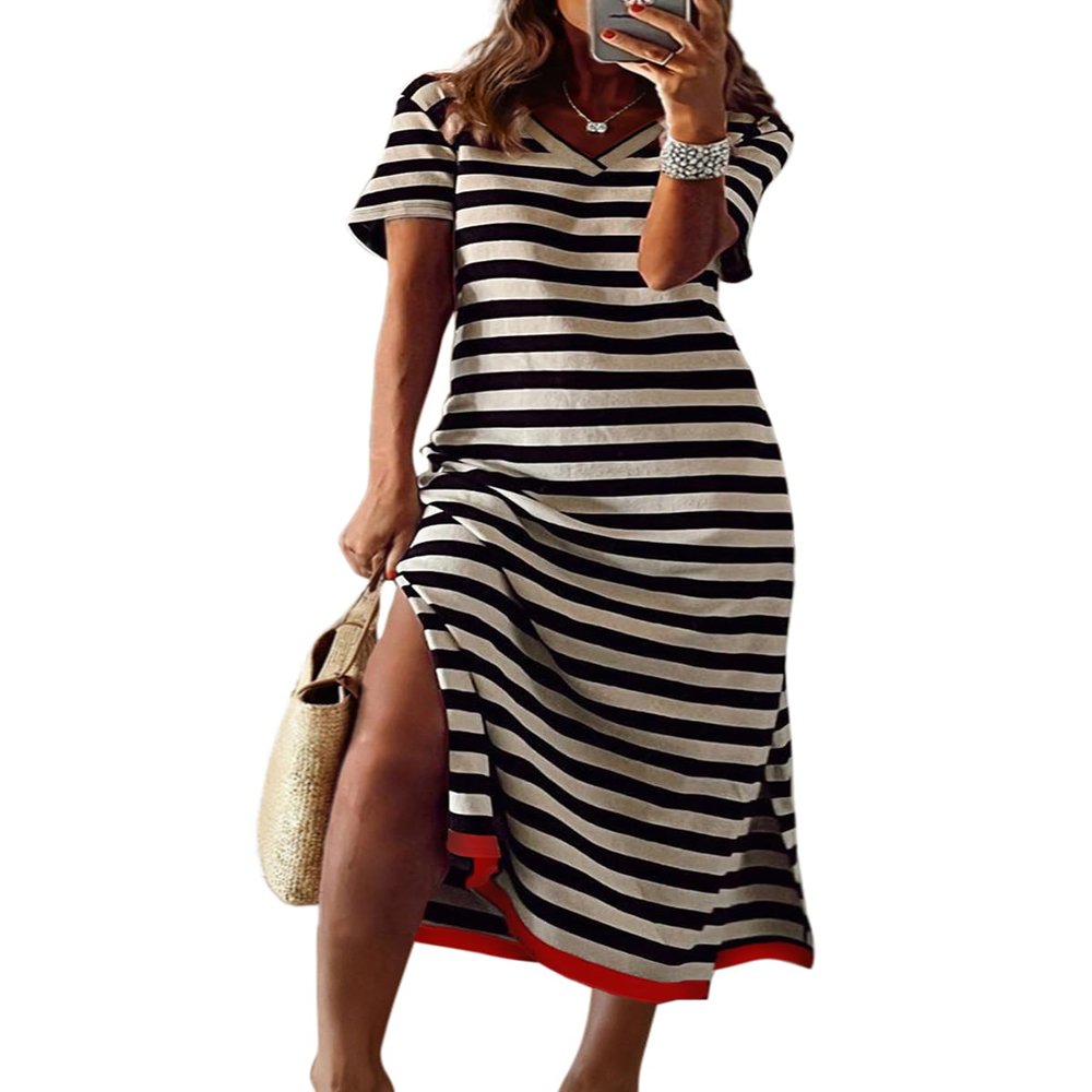 Dokotoo Maxi Dress Casual V Neck Stripe Split Long Summer Dresses for Women 2025 Beach Vacation Clothes for Women Plus Size Dresses Black X Large