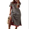 Dokotoo Maxi Dress Casual V Neck Stripe Split Long Summer Dresses for Women 2025 Beach Vacation Clothes for Women Plus Size Dresses Black X Large view 1